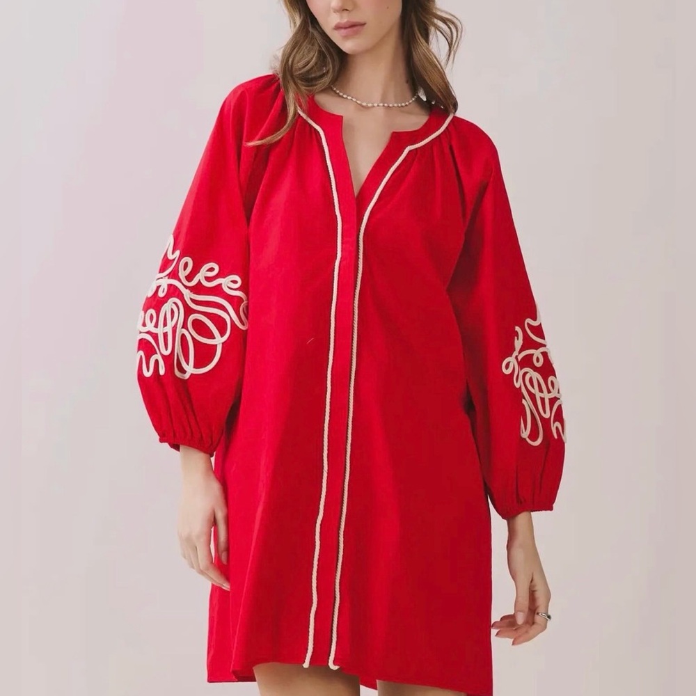 Red Embroidered Balloon Sleeve Tunic Dress